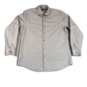 Perry Ellis Shirt Men Large Gray Plaid Oxford Button‎ Up Slim Fit Collar